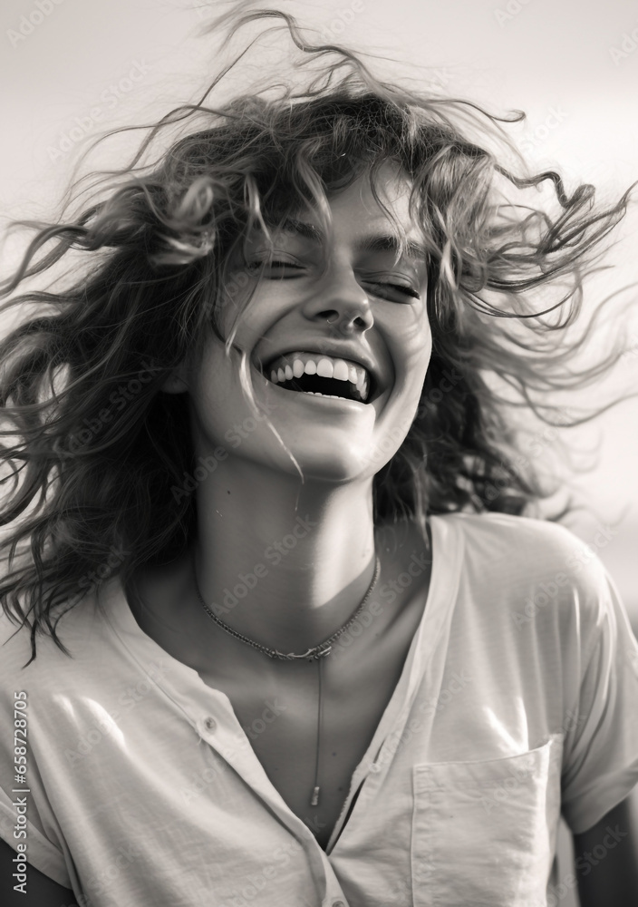 Carefree Moments: Attractive Woman Laughing Heartily with Eyes Closed in a Casual White Top. Generative AI.
