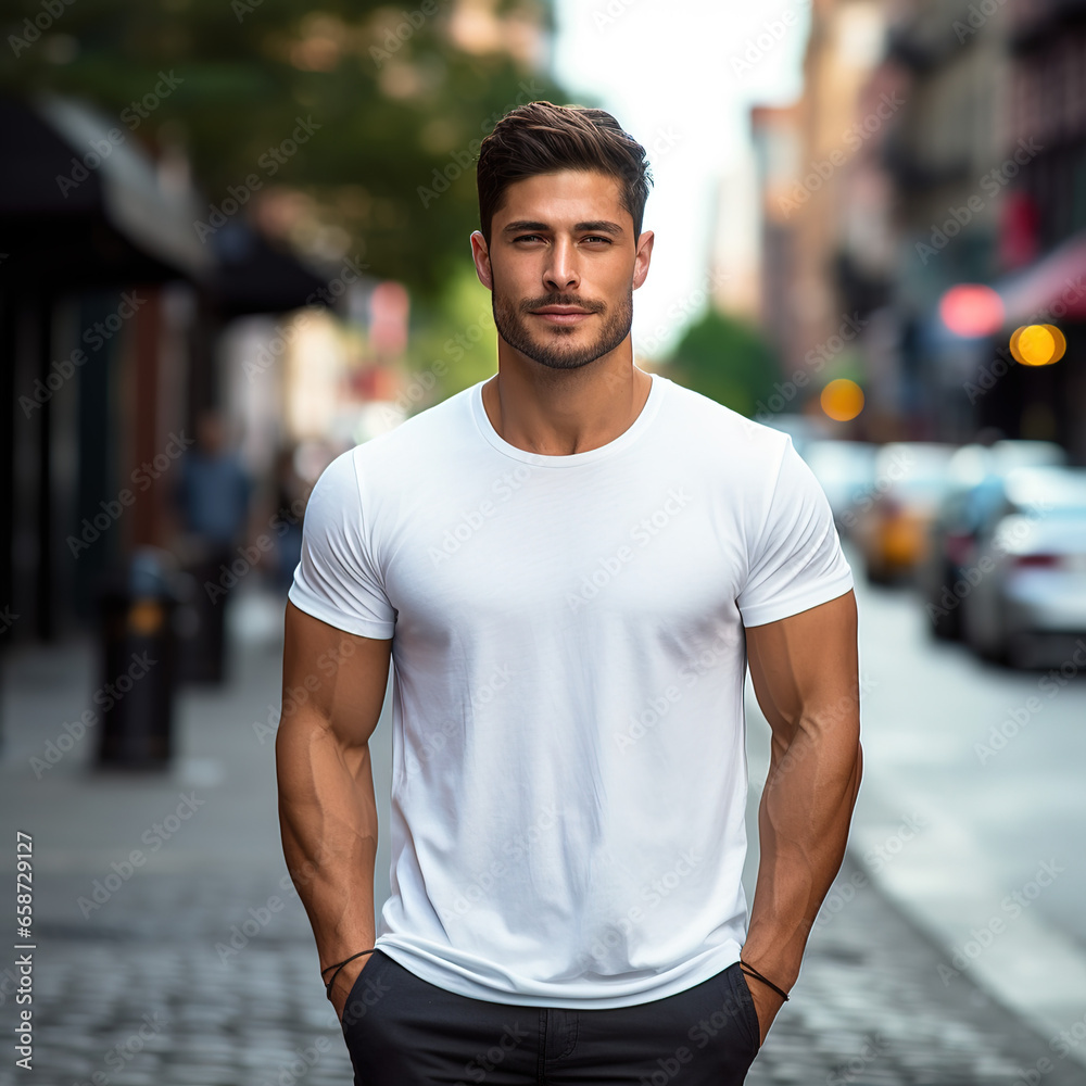 Male Model wearing white cotton shirt city street background Male Model wearing white cotton shirt city street background