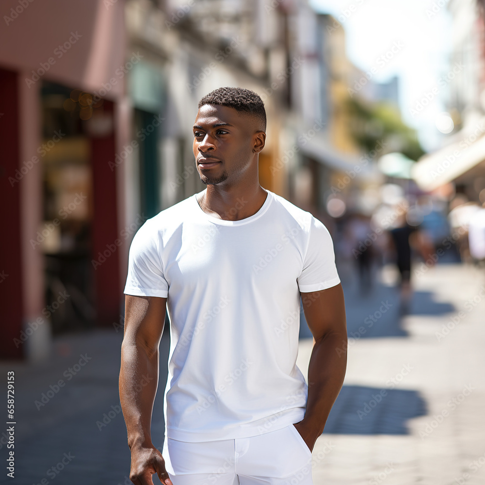 Male Model wearing white cotton shirt city street background Male Model wearing white cotton shirt city street background