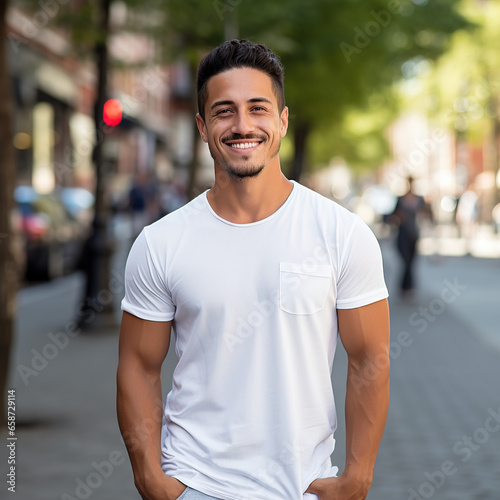 Male Model wearing white cotton shirt city street background © G