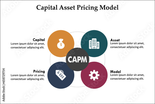 CAPM - Capital asset pricing model. Infographic template with icons and description placeholder