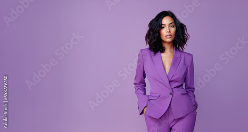 A young brunette woman in violet clothing stands against a solid violet background. Studio. Isolated violet background.