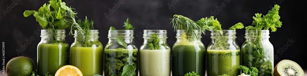 Transparent mugs with green mousse surrounded by ripe green fruits on a dark background. Generated by AI. Transparent mugs with green mousse surrounded by ripe green fruits on a dark background. Generated by AI.