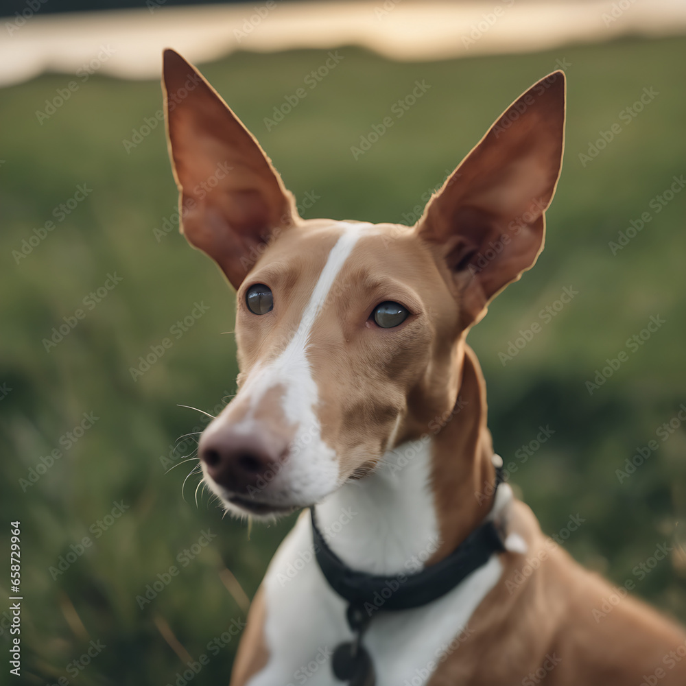 Retrato de un perro podenco en un campo con hierba 