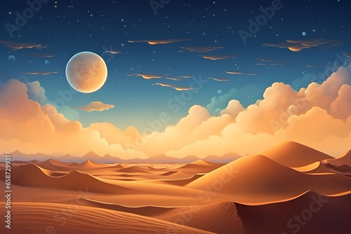 Desert fantasy concept illustration with moon, clouds and night sky.