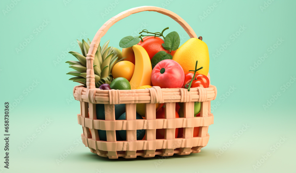 Toy fruit basket in soft colors, plasticized material, educational for children to play. AI generated Toy fruit basket in soft colors, plasticized material, educational for children to play. AI generated