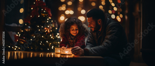 father and daughter with a candle at christmas time
