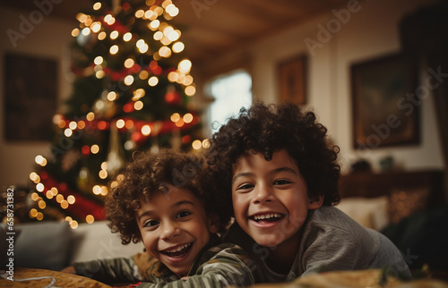 latino brothers on christmas morning in their living room