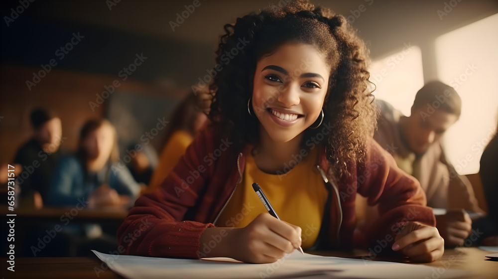 Happy black female student studying in classroom group, writing essay or preparing for test, groupmates sitting nearby - obrazy, fototapety, plakaty 