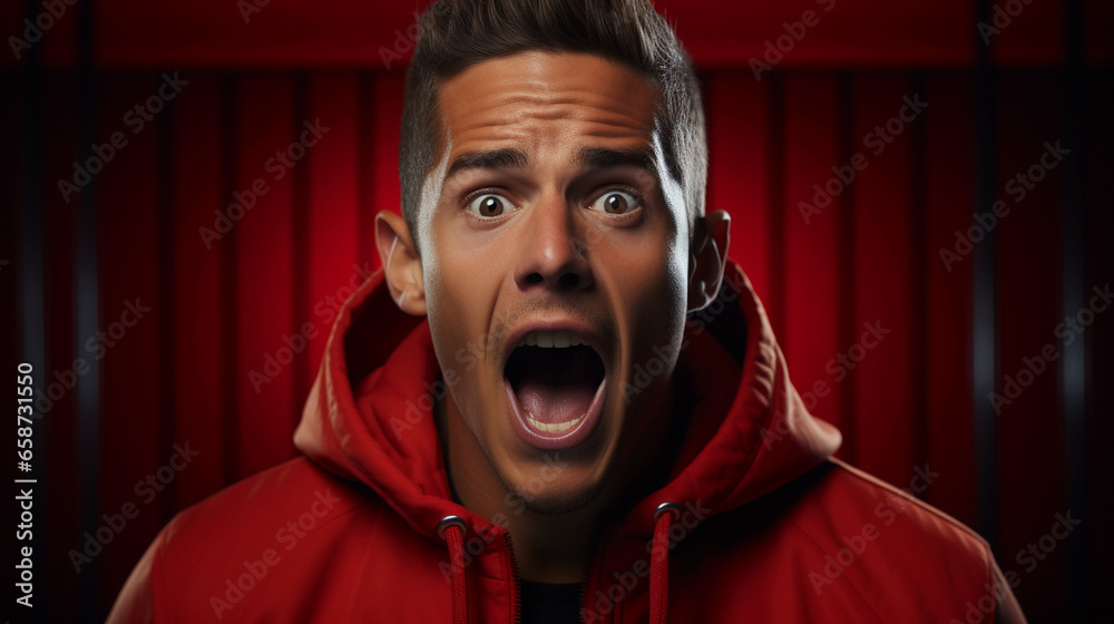 Fototapeta premium Surprised and enthusiastic joyful man in red jacket, on red monotone background, image for promotions, marketing, attracting attention. Generative AI.