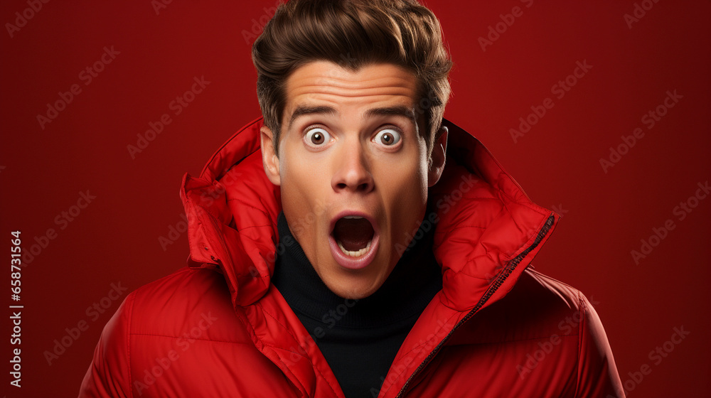 Surprised and enthusiastic joyful man in red jacket, on red monotone background, image for promotions, marketing, attracting attention. Generative AI.