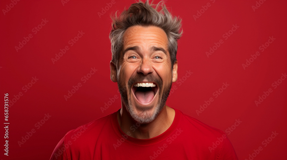 Surprised and enthusiastic joyful man in red tshirt, on red monotone background, image for promotions, marketing, attracting attention. Generative AI. Surprised and enthusiastic joyful man in red tshirt, on red monotone background, image for promotions, marketing, attracting attention. Generative AI.