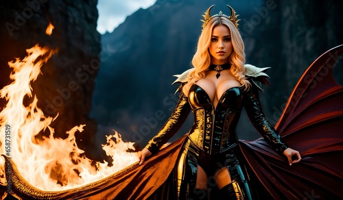 Beautiful blonde woman in a battle dress with a sword in the mountains