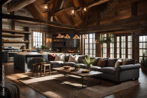 a cozy cabin-inspired rustic living room with a focus on maximizing natural light." "Create a rustic kitchen that blends reclaimed wood and stone to evoke a sense of timeless warmth. © Johnny Sins