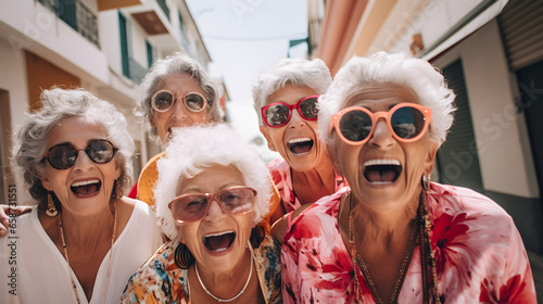 group of old women having fun and travel together in outdoors, friendship forever, happy retire lifestyle, Generative AI