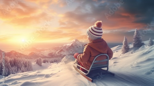 A child sits on skis and looks at the snowy mountains of winter. Winter family vacation. Christmas and winter holidays. Winter fun and outdoor activities with kids