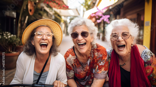 group of old women having fun and travel together in outdoors, friendship forever, happy retire lifestyle, Generative AI