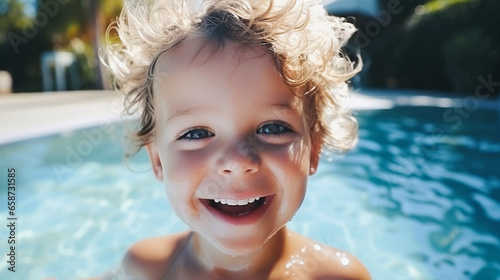 Happy little boy taking selfie in swimming pool. Generative AI.
