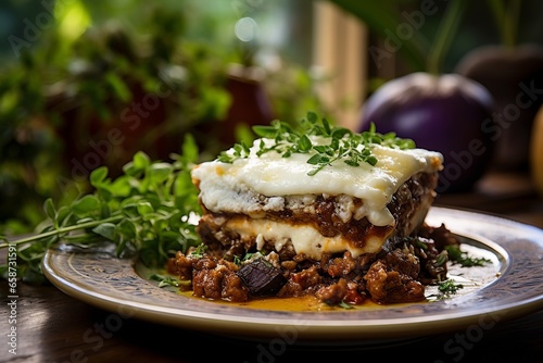 A clay dish, caressed by layers of alluring moussaka, with creamy béchamel sauce and spiced meat vividly in focus, settles gracefully on a rustic Grecian table