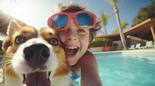 Creative photo, baby and corgi in the pool, happy dog overshadowed the guy. Generative AI.