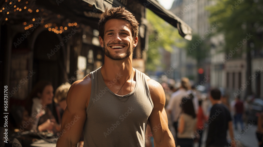 Smiling dark-haired short-cropped young man in a gray T-shirt on a hot street that blooms, photo shoot. Generative AI. Smiling dark-haired short-cropped young man in a gray T-shirt on a hot street that blooms, photo shoot. Generative AI.