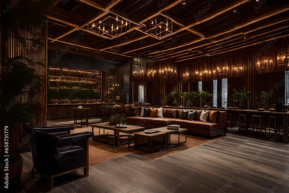 rustic-themed boutique hotel lobby that welcomes guests with rustic elegance.