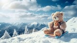 A teddy bear sits on skis and looks at snowy winter mountains. Christmas and winter holidays