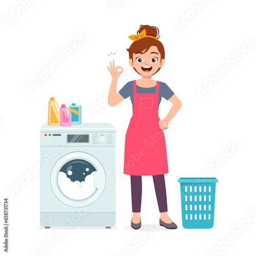 young woman wash dirty clothes with washing machine