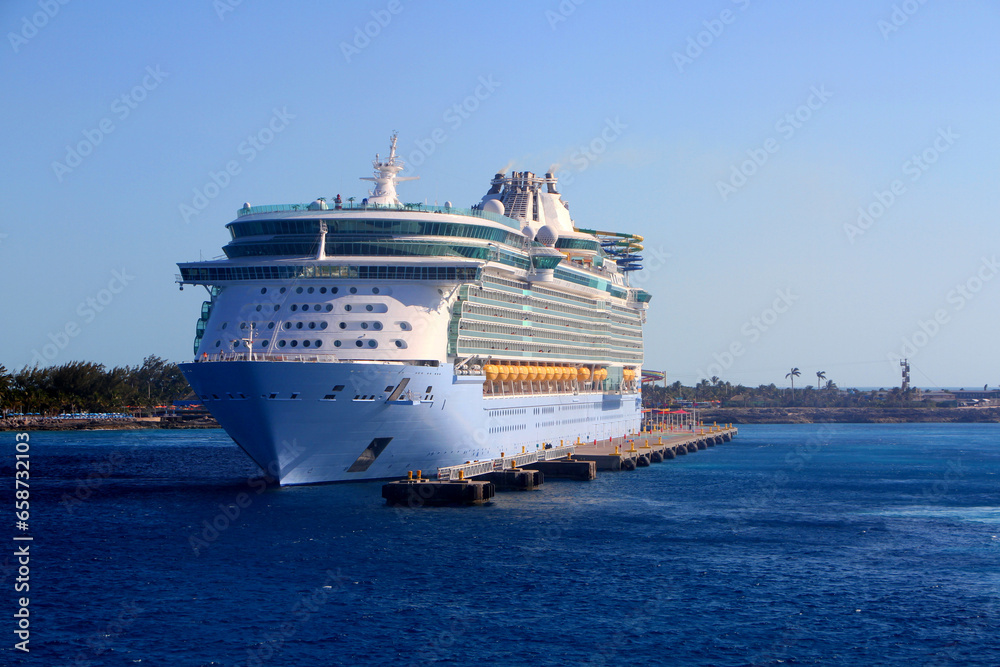 Large cruise ship at port in the Bahamas.