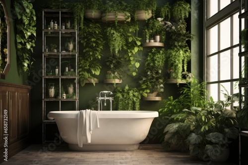 Bathroom interior with bathtub. Vertical garden - wall design of green plants. Architecture, decor, eco concept