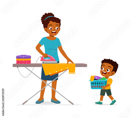 little kid helping mother ironing clean clothes