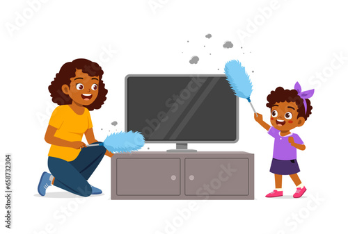 little kid helping mother cleaning dust
