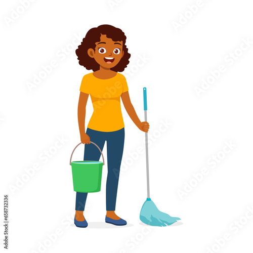 young woman mopping dirty floor and feel happy