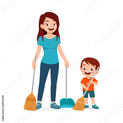 little kid help mother to sweep the floor