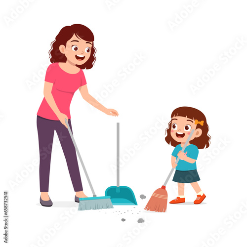 little kid help mother to sweep the floor
