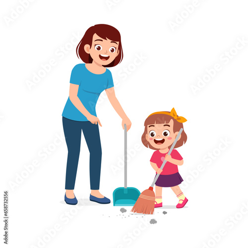 little kid help mother to sweep the floor