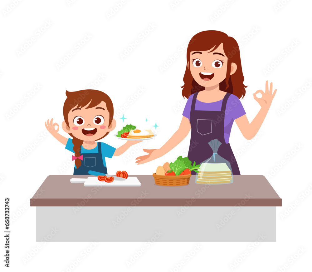 little kid helping mother preparing food for breakfast little kid helping mother preparing food for breakfast