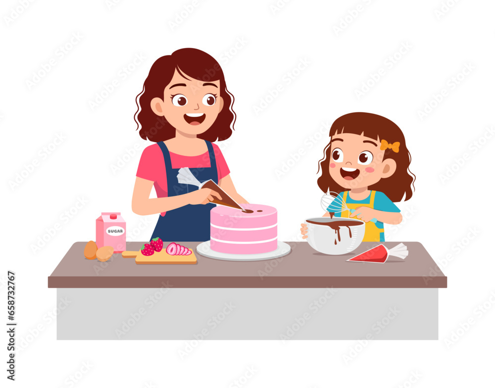 little kid helping mother baking cake little kid helping mother baking cake