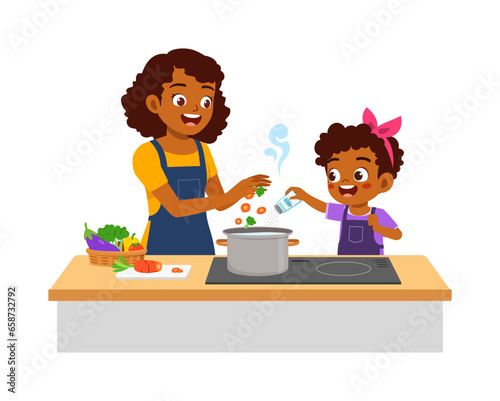 little kid helping mother cooking soup