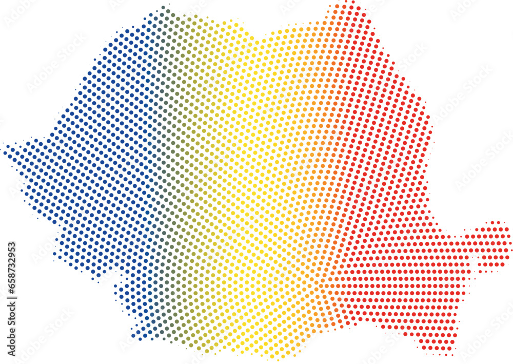 Abstract map of Romania from dots in a circle in the color of the flag