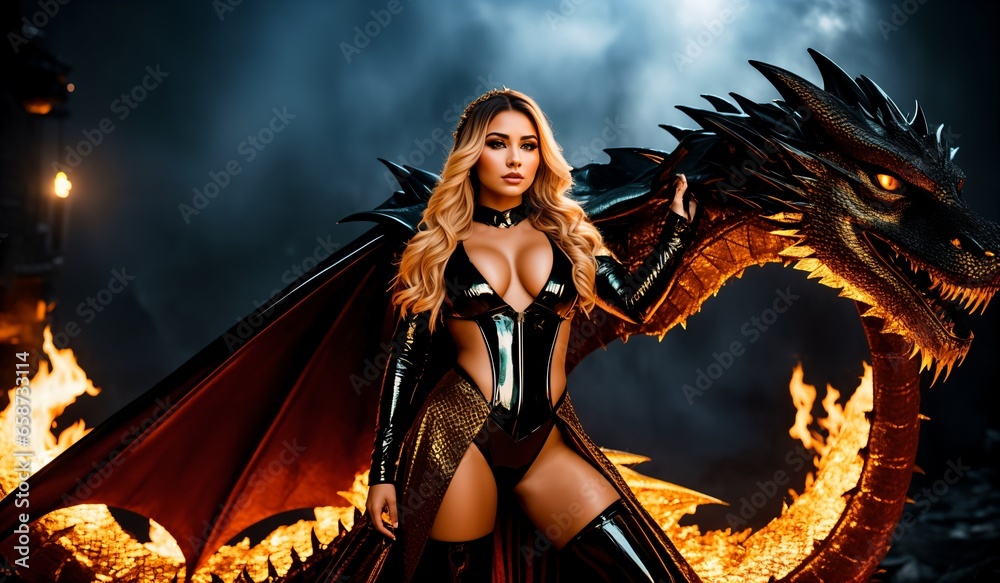 A beautiful young woman in a dragon costume. The dragon is a symbol of the new year 2024 according to the Eastern calendar. Fantasy cosplay. The magical world of fire and magic