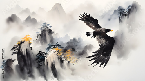 A japanese watercolor of an eagle flying over a mountain range