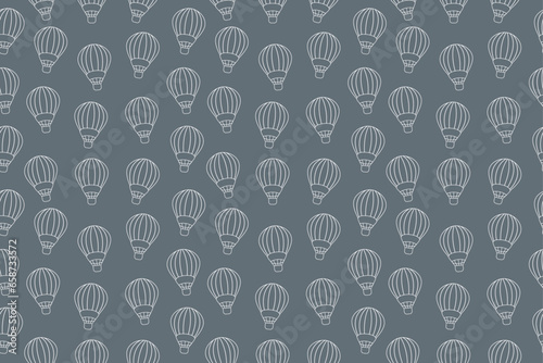 Seamless pattern, vector wallpaper with hot air balloon outline, drawing, doodle balloons. White live stroke air balloon on dark grey background