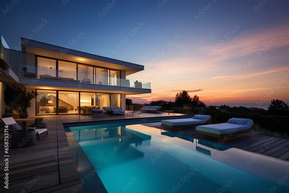 Modern two-storey villa with a large swimming pool and a terrace against the sunset.