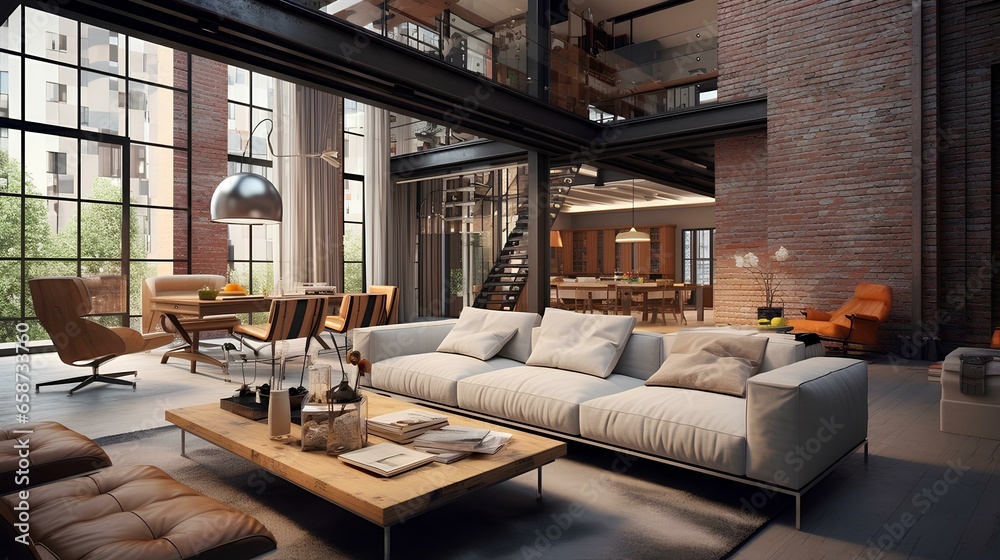 Modern interior of a two-storey living room with high ceilings in natural tones in the loft style with an interior painting. Modern interior of a two-storey living room with high ceilings in natural tones in the loft style with an interior painting.