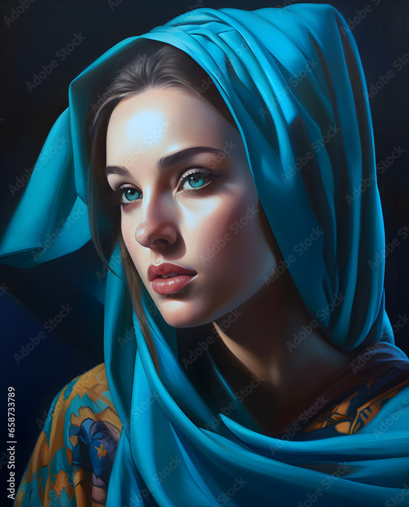 Naklejka premium A woman wearing a blue shawl