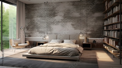 Modern bedroom interior in natural tones in loft style with interior painting.