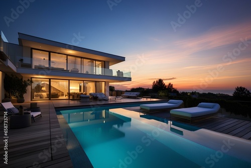 Modern two-storey villa with a large swimming pool and a terrace against the sunset.