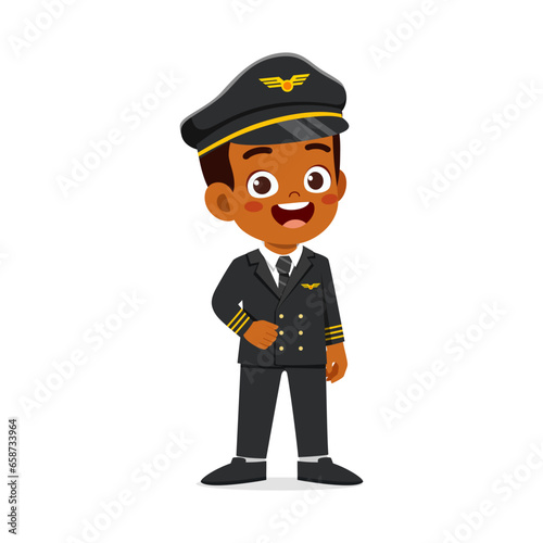little kid wearing pilot costume and feel happy