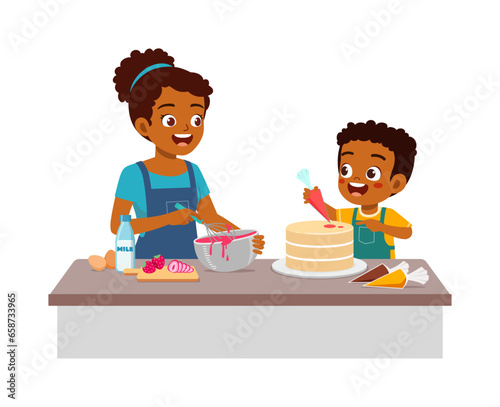 little kid helping mother baking cake